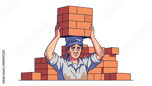 Woman Carrying Bricks: A determined female figure endures the physical demands of her labor, skillfully balancing a stack of bricks atop her head, embodying resilience.