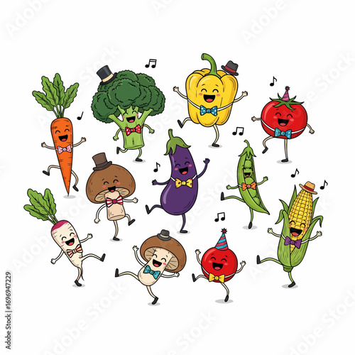 Joyful vegetables dancing and celebrating together in a lively, fun party atmosphere