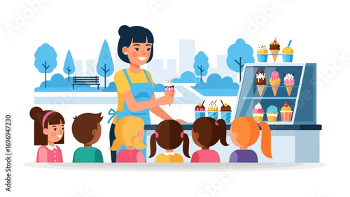 Summer Treat Selection: A smiling server at a colorful ice cream parlor serves delighted children, offering a tempting array of frozen desserts on a sunny day.