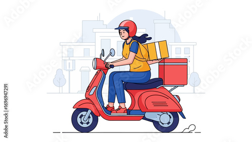 Swift Delivery on the Move: A determined courier swiftly navigates city streets on a retro scooter, efficiently transporting a package for a timely delivery.