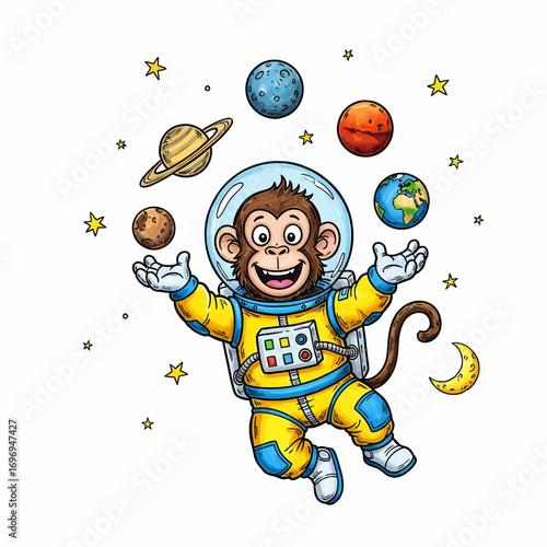 Monkey Astronaut Juggling Planets in Space Cartoon Illustration