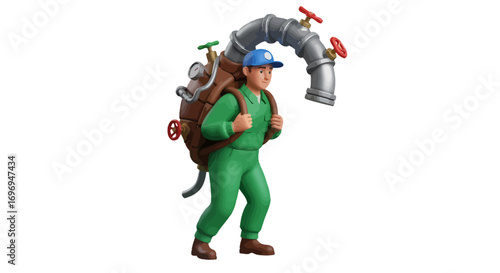 Detailed 3D cartoon of a plumber in green overalls carrying a heavy pipe system with valves on his back, isolated on white, for industrial service