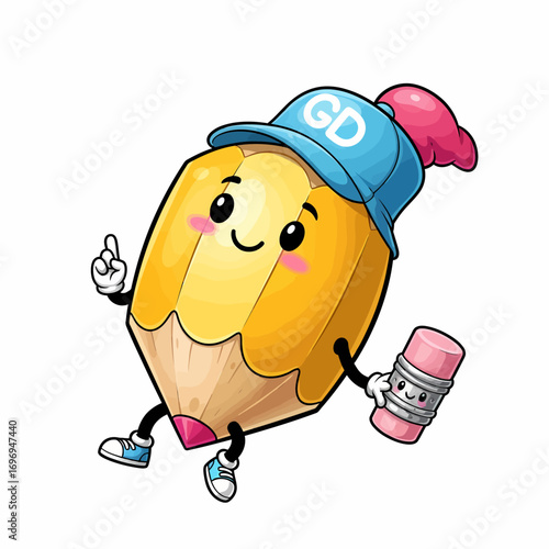 Playful cartoon pencil character in a blue hat, holding an eraser, and pointing up, embodying education, creativity, and drawing fun in a vibrant illustration