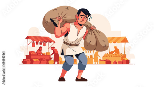 Burdensome toil in market: A solitary figure, his back stooped by the weight of heavy sacks, navigates the vibrant chaos of a bustling marketplace, vividly captured in a hand-drawn illustration. 