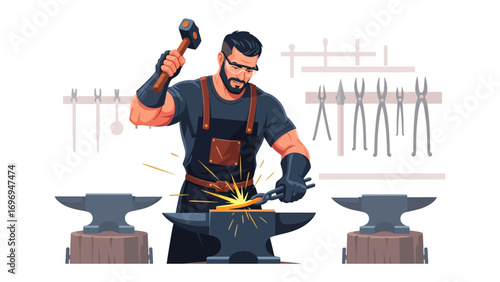 Artisan's Forge: A determined artisan, wielding a hammer, shapes metal on an anvil, showcasing his traditional craft. This vivid illustration encapsulates skill, heritage.