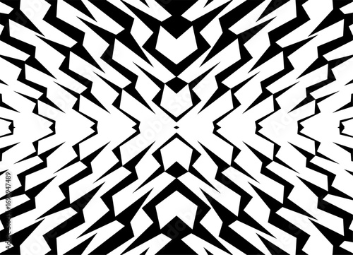 Vector symmetrical pattern of broken sharp lines. Sports Black and white abstract background for covers, advertising, packaging. Technological, gaming style. Electronic impulses