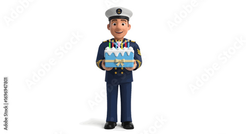 Smiling 3D cartoon character, dressed as a sailor or officer in a blue uniform, holding a decorated birthday cake with lit candles, celebrating a joyful occasion on an isolated white background