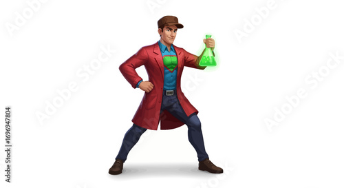 Heroic 3D cartoon scientist in a red lab coat and brown cap, striking a dynamic superhero pose, holding a glowing green flask, representing scientific innovation and discovery