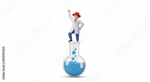Triumphant 3D cartoon scientist in a white lab coat and red hat standing victoriously on a bubbling laboratory flask, symbolizing scientific breakthrough, successful research, and innovation