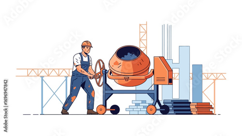 Construction worker and Concrete Mixer: An illustrative depiction of a construction worker diligently operating a cement mixer, set against a construction site backdrop.