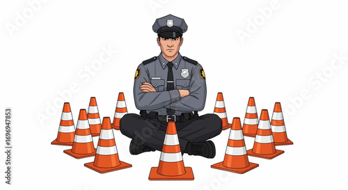 Officer Meditating Amid Traffic Cones in Corporate Illustration Style