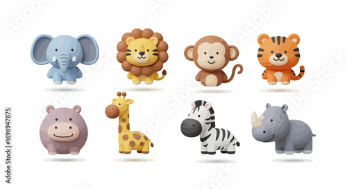 Charming collection of 8 adorable 3D jungle animal icons, including elephant, lion, tiger, monkey, giraffe, zebra, hippo, and rhino, perfect for whimsical designs