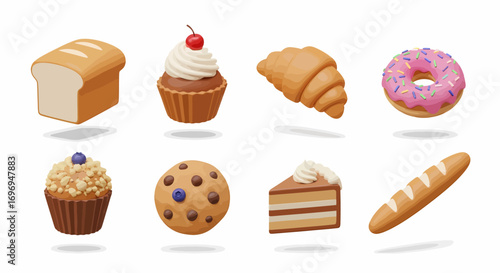 A delightful assortment of 8 bakery icons featuring bread, cupcakes, croissants, donuts, cookies, and cake slices