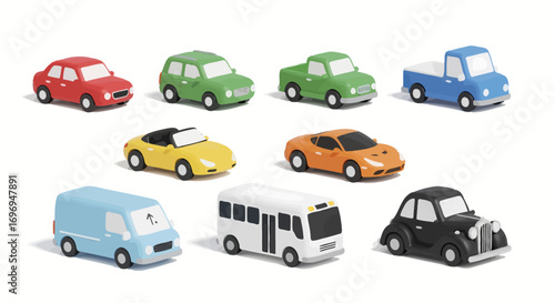 Cute and colorful 3D minimalist toy cars and vehicles collection. Diverse models with glossy finish, ideal for game design or playful projects, isolated on white background