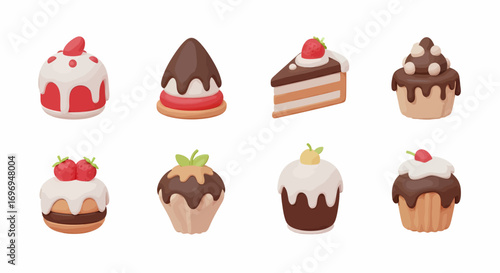 Delightful Array of 3D Dessert Icons Cakes, Slices, and Cupcakes