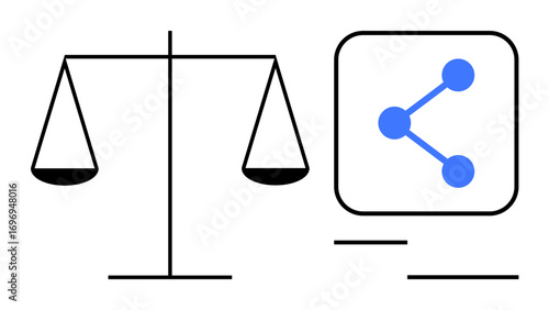 Scales of justice alongside a share icon in blue, emphasizing balance, equity, and digital connectivity. Ideal for justice, communication, collaboration, ethics, technology decision-making simple