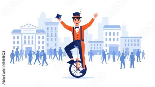 Circus Performer: A jovial circus performer, riding a unicycle with flair, embodies the spirit of entertainment amidst the vibrant cityscape.