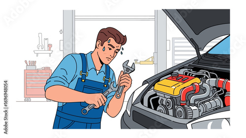Engine Repair Reflection: A dedicated mechanic, absorbed in his task, peers intently at an engine, reflecting the precision and care required in automotive repair.