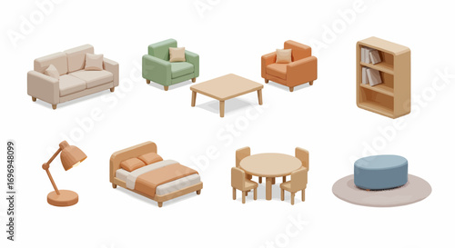 A charming collection of 8 minimalist 3D isometric furniture icons, depicting essential home pieces for modern interior design concepts