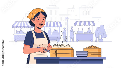 Culinary Vendor at the Food Stall: A cheerful vendor meticulously presents delectable steamed dumplings, inviting customers with her warm smile at a bustling food stall.
