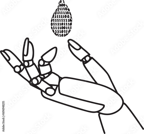 Robotic hand holding a droplet filled with binary code robot hand artificial intelligence