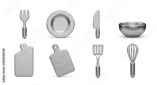 Sleek Collection of Eight Minimalist 3D Metallic Kitchen Utensil Icons, Featuring Fork, Plate, Knife, Bowl, Cutting Board, Spatula, and Whisk, Isolated on White Background