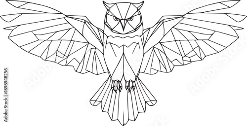Geometric line art owl with spread wings on white background bird animal