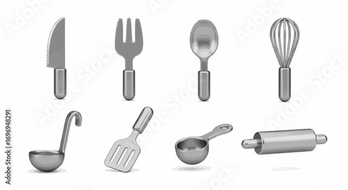 Silver Kitchen Utensil Set 3D Rendering of Essential Tools