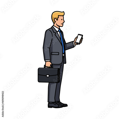 Businessman checking smartphone while holding briefcase, full length vector illustration