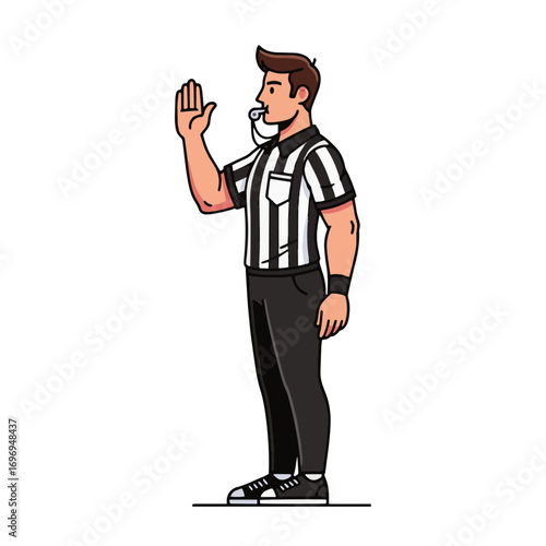 Sports Referee Signalling Stop with Whistle and Hand Gesture Vector Illustration