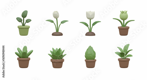 Eight minimalist cute 3D icons of assorted potted plants. Features stylized indoor green flora, succulents, and tulips in small pots, isolated on white