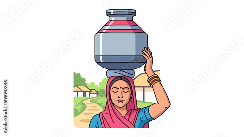 Woman Balancing Water Pot: A person gracefully balancing a water pot on her head, depicting everyday life and traditional practices. 