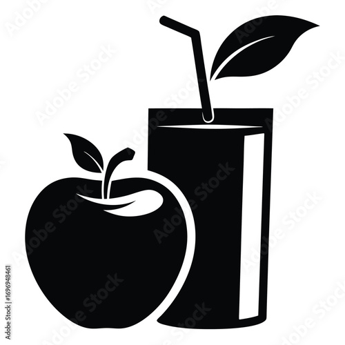 Black Silhouette of Apple and Juice Box with Straw and Leaf Design