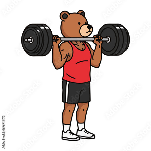 Cartoon Bear Character Lifting Barbell in Gym Outfit on White Background