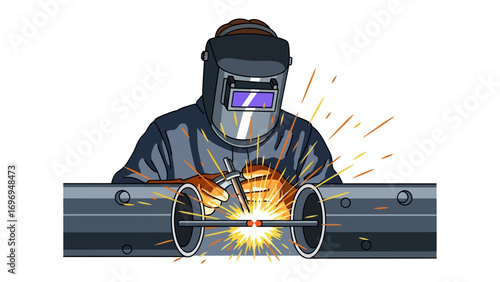 Welder at Work: A skilled welder in a protective mask and attire meticulously welds together a metal pipe. sparks from the process illuminate the scene.
