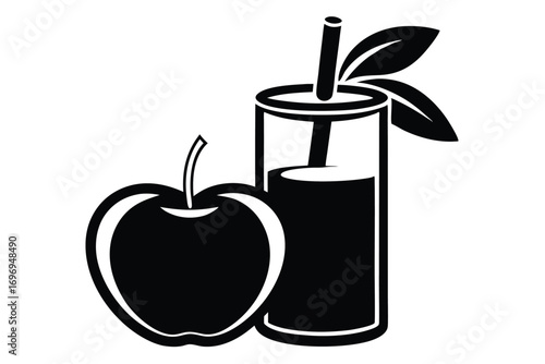 Stylized Image Apple Fruit Beside Glass of Juice with Leaves and Straw