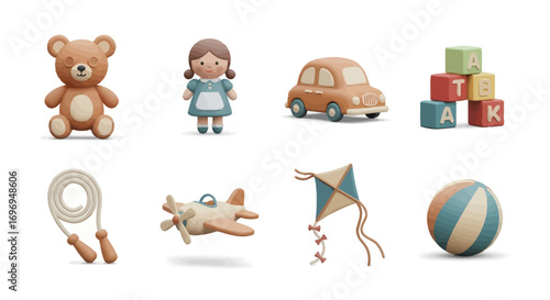 Collection of charming 3D illustrated children's toys, including a teddy bear, doll, car, alphabet blocks, jump rope, airplane, kite, and ball