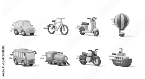 Dynamic collection of minimalist 3D transportation icons featuring various cute vehicles with motion blur effect. Ideal for modern digital design projects and applications