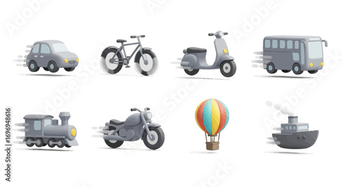 Minimalist 3D transportation icon set. Eight cute and smooth designs car, bicycle, bus, train, motorcycle, scooter, hot air balloon, ship. Dynamic speed blurs, isolated on white