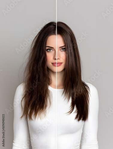 Comparison portrait of young woman with natural wavy hair on one side and straightened hair on the other, studio beauty fashion shot with hairstyle transformation concept