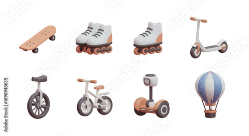 Set of 8 minimalist 3D icons depicting various modes of transportation and recreational items