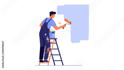 Painter at Work: A skilled painter on a ladder meticulously applies paint to a wall, bringing a fresh and vibrant touch to the room, symbolizing home renovation.