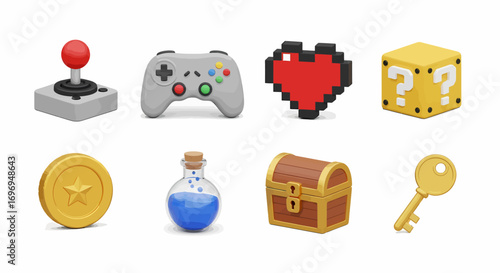 Minimalist 3D Video Game Icon Set Joystick, Controller, Pixel Heart, & More