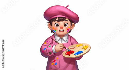 A joyful young artist, covered in colorful paint, enthusiastically creates their next masterpiece, celebrating creativity and childhood fun in a vibrant illustration