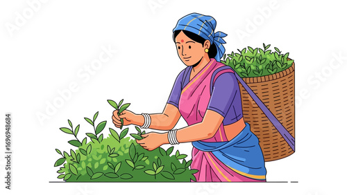 Tea Picker at Work: This artwork portrays a tea picker at work, meticulously selecting fresh leaves from a vibrant tea plant, showcasing the tradition and artistry of tea cultivation.