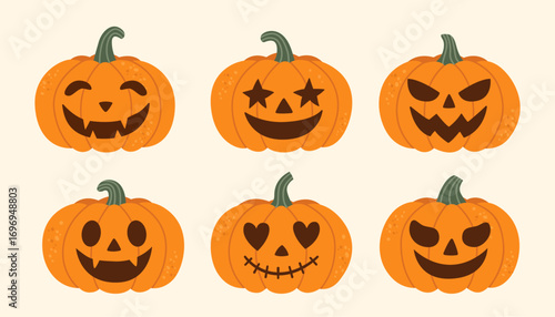 Halloween pumpkins with carved faces and diverse expressions colorful jack o lantern collection for spooky festive autumn decoration and creative holiday design