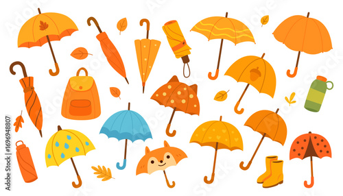 Autumn umbrellas with seasonal leaves and cozy fall accessories in warm decorative style perfect for weather themes fashion design and creative vector illustration