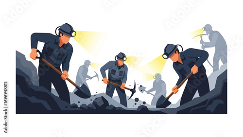 Mining Crew at Work: An illustration that depicts a group of miners working hard in a dim, underground environment, digging for resources with their tools, and embodying the industry's essence.
