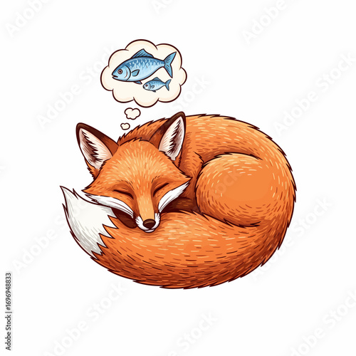 Whimsical cartoon illustration of a cute, red fox deeply asleep, dreaming of a bountiful catch of fish, isolated on a pure white canvas