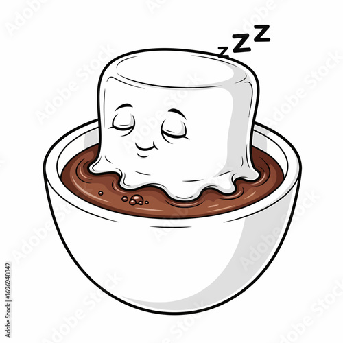 Adorable sleepy marshmallow character melting into a warm cup of rich hot chocolate, depicted in a charming, detailed cartoon illustration, isolated on a clean white background
